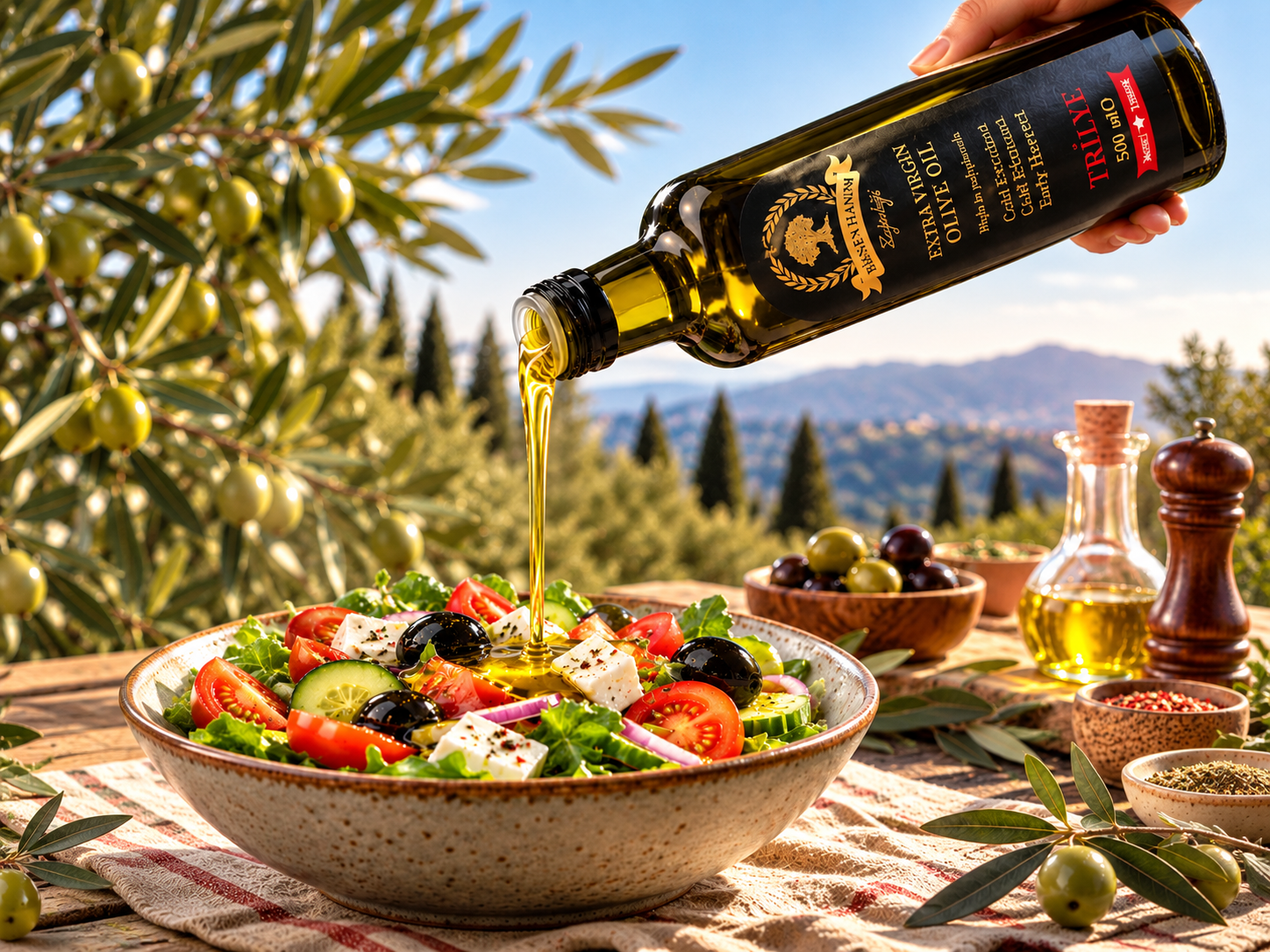 Olive oil drizzled over a fresh salad